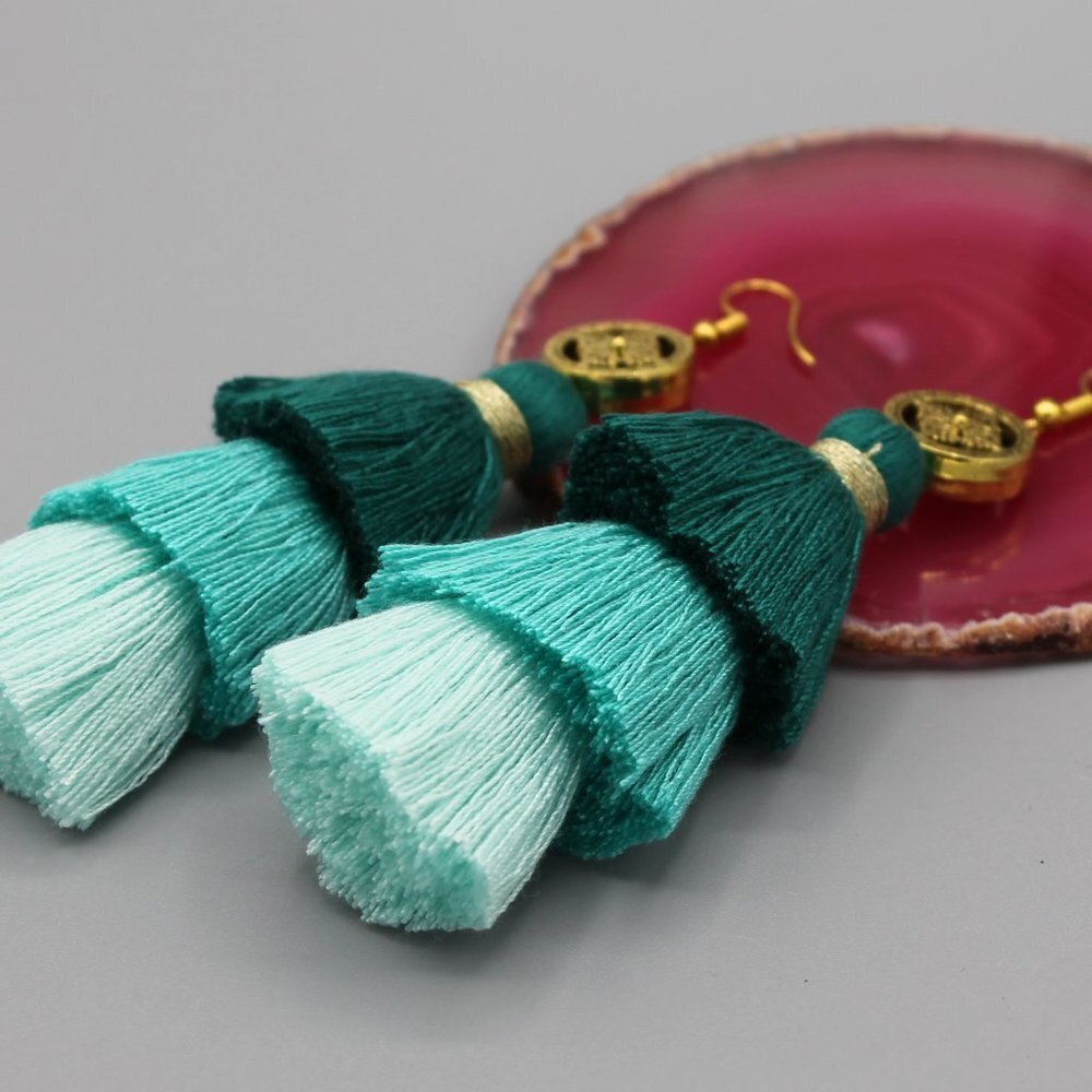 Jewelry earrings drop dangle tassel boho style gold mint elegant beautiful long - Picture 8 of 9